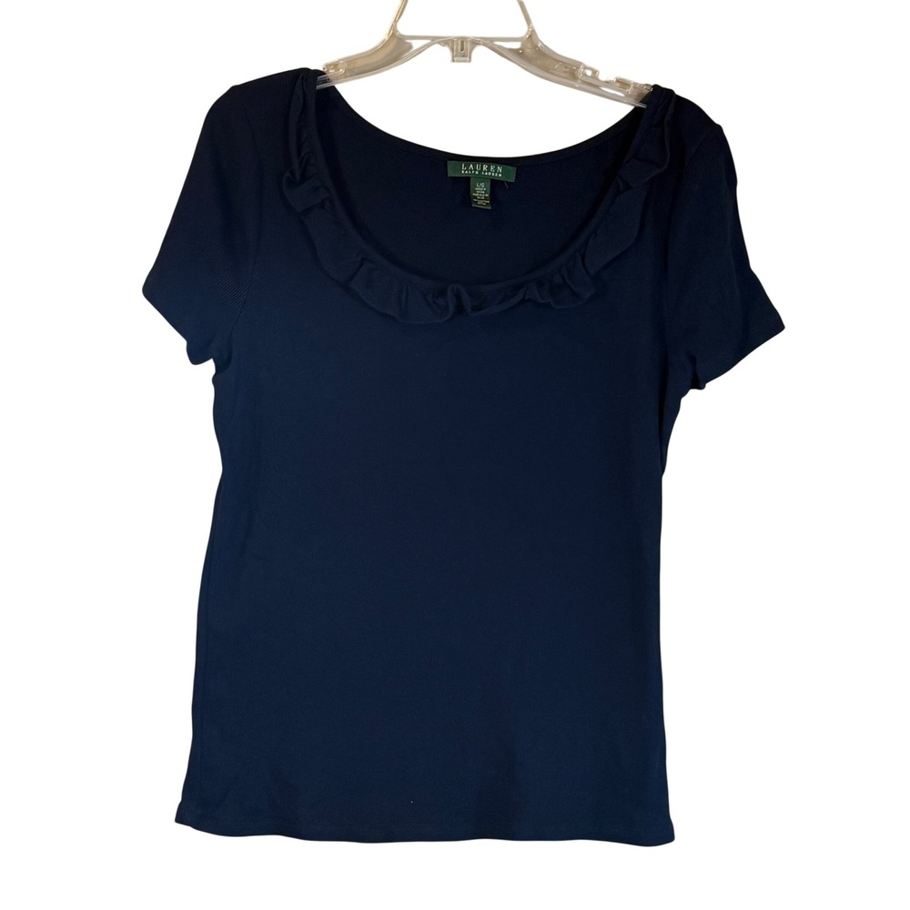 Lauren Ralph Lauren Top Womens L Navy Ruffle Ribbed Cotton Preppy‎ Quiet Luxury